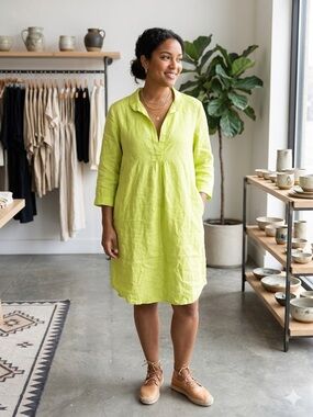 Lino Made in Italy 100% Linen Tunic Dress Shirt Cover Up Chartreuse Lime Green L